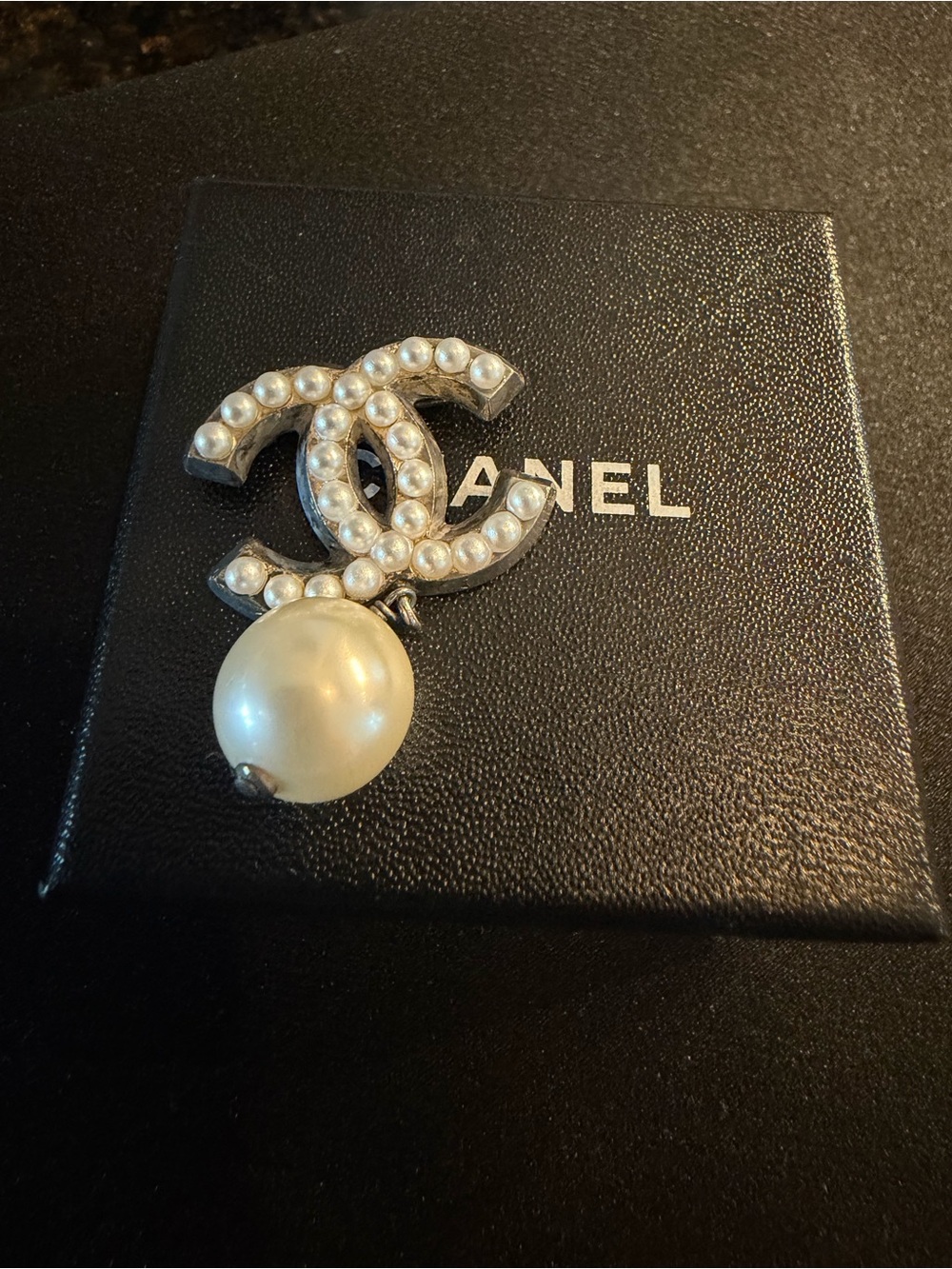 Chanel Faux Pearl CC Logo Brooch in White and Silver